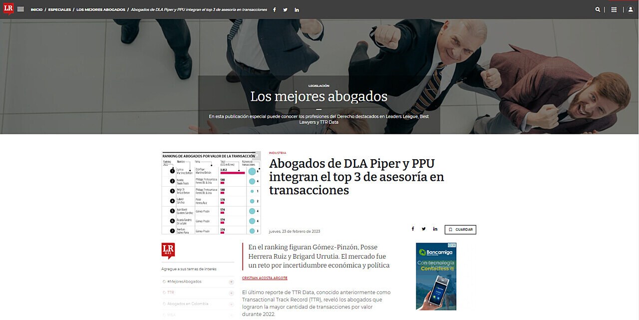 Abogados de DLA Piper y PPU integran el top 3 de asesora en transacciones
